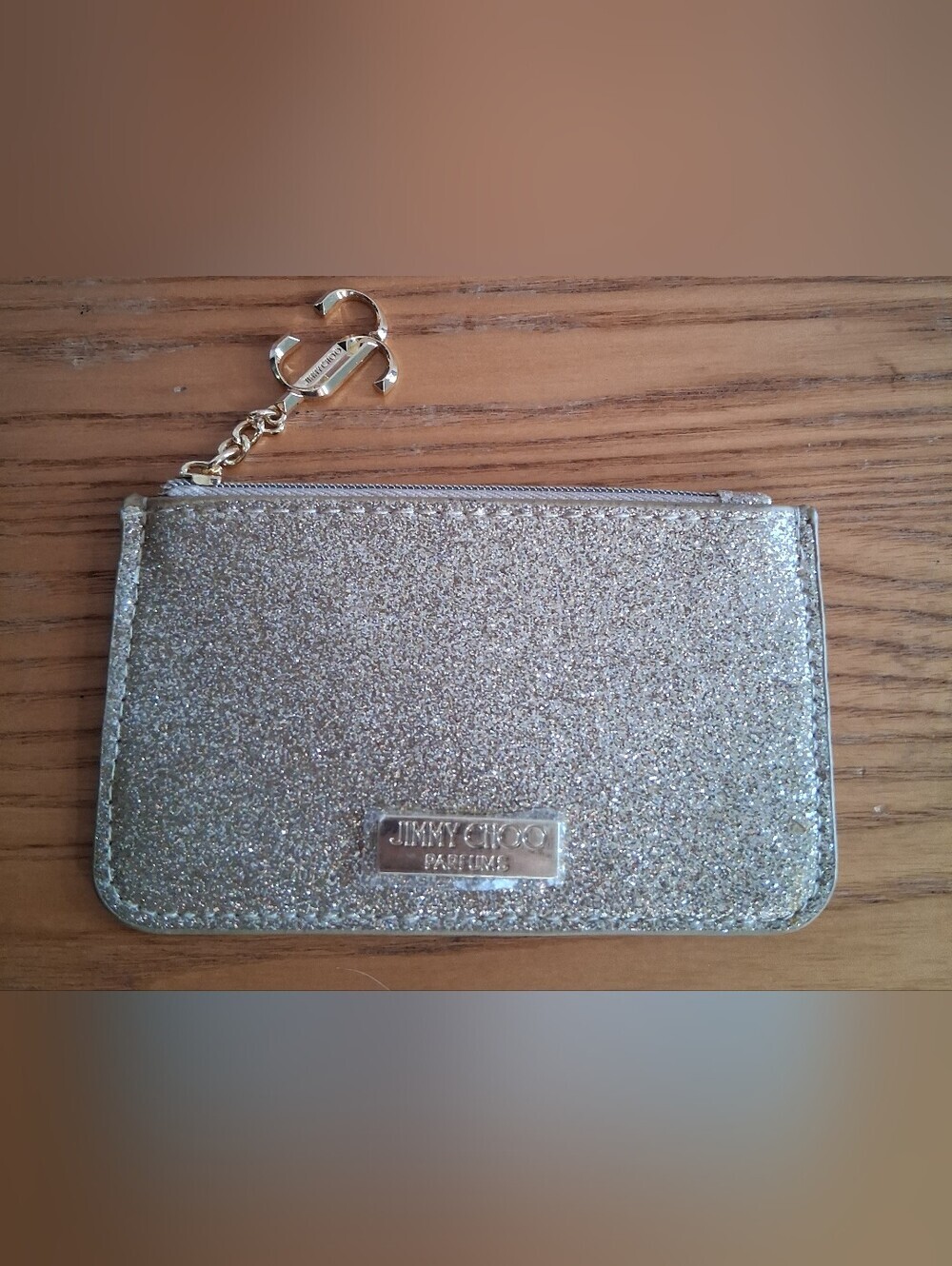 NWT Jimmy Choo Gold Sparkle Glitter Casual Everyday Card Holder Wallet Coin Bag